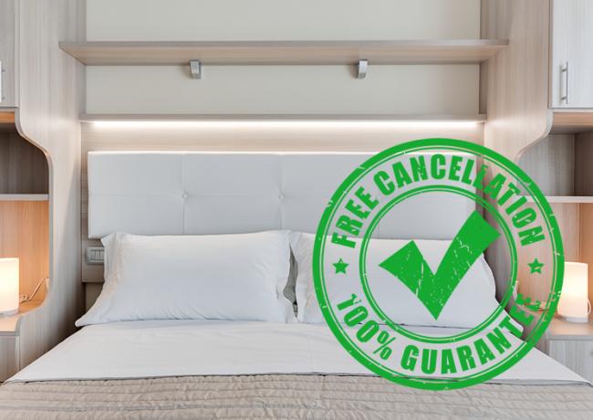 Modern room with free cancellation guarantee.